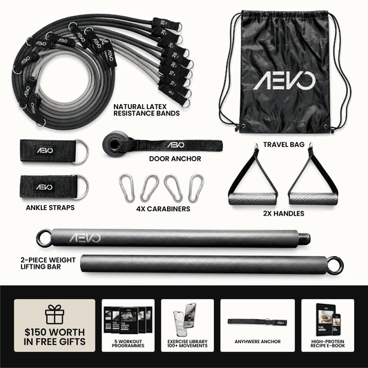 AEVO Strength System kit contents: natural latex resistance bands, 2-piece lifting bar, handles, door anchor, ankle straps, carabiners and travel bag