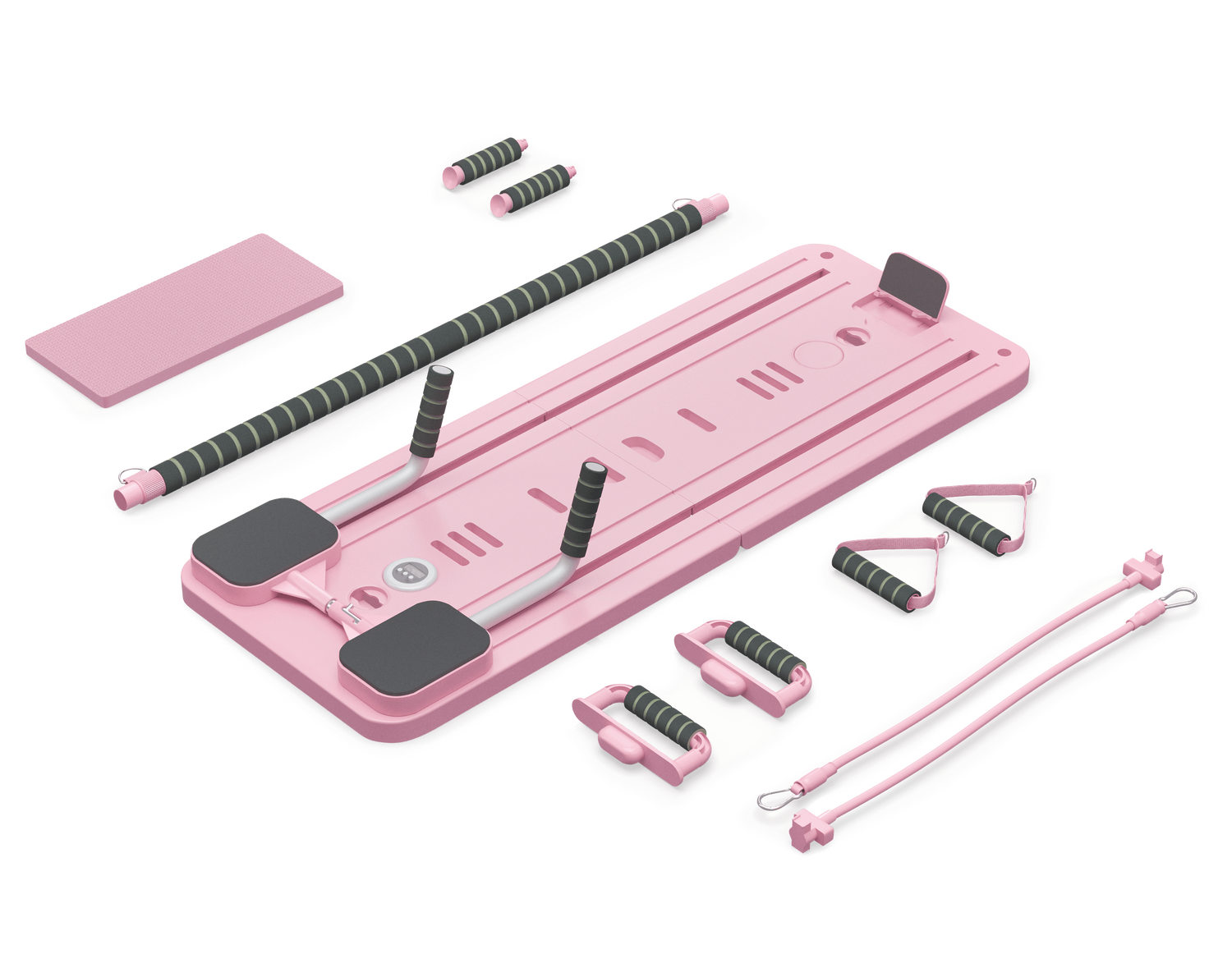 Pink pilates board with accessories on a white background